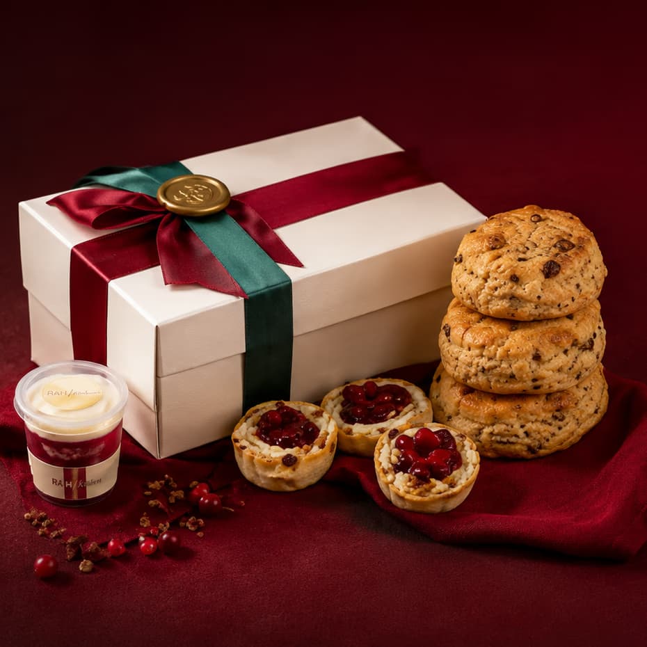 RAH Kitchen gift hamper with scones, tarts, and elegant packaging